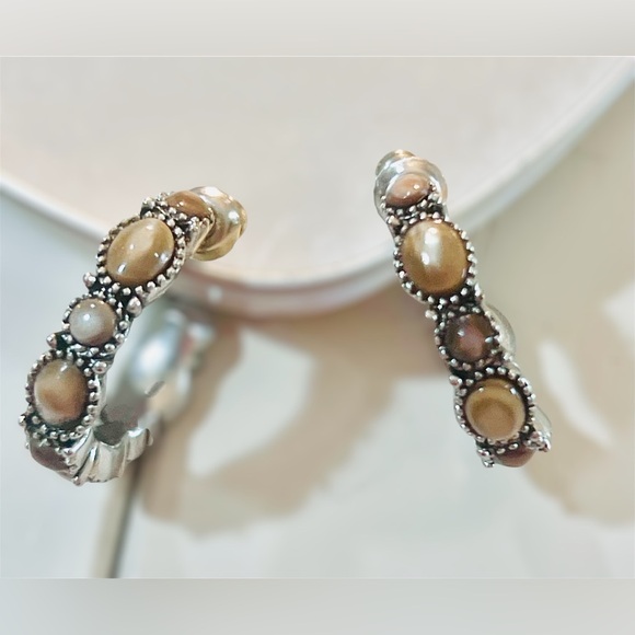 Source Unknown Jewelry - Elegant Silver and Brown Hoop Earrings